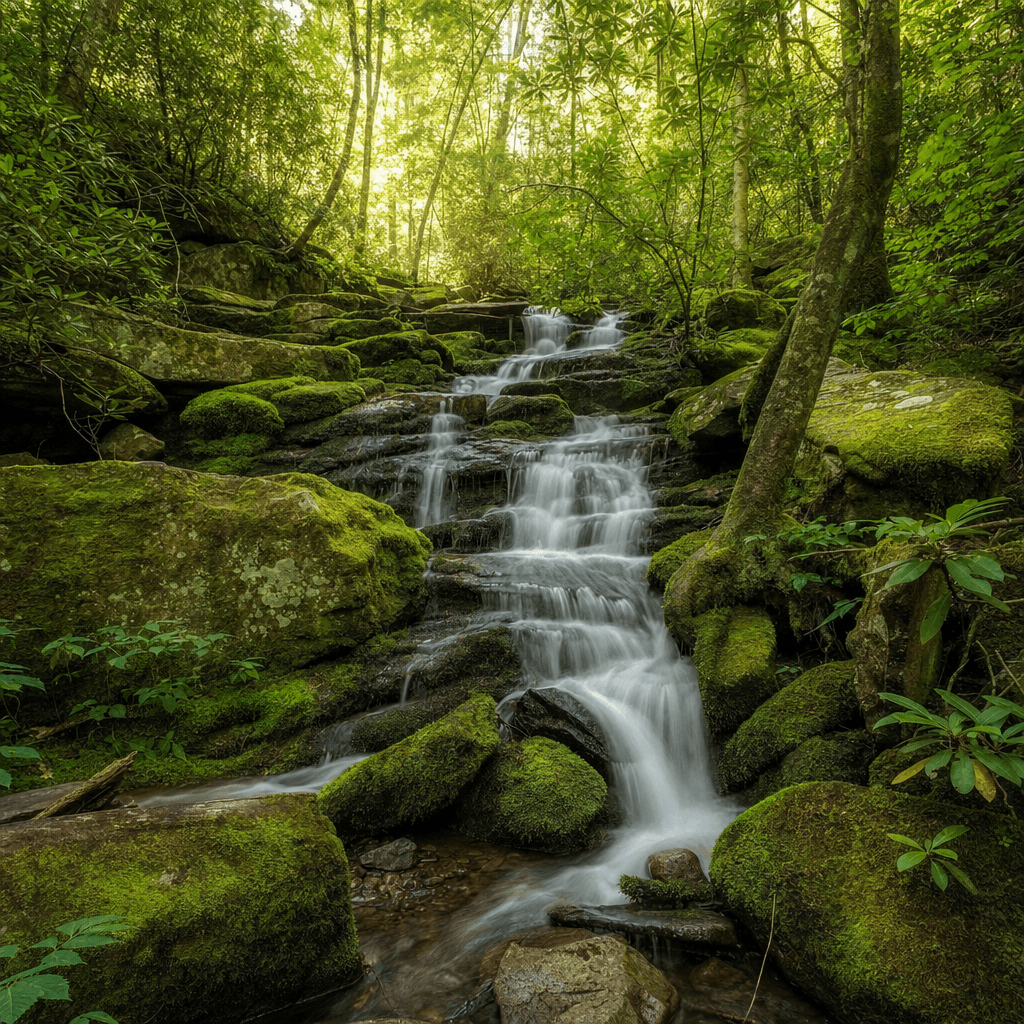 Gentle waterfall over moss-covered rocks in forest grove