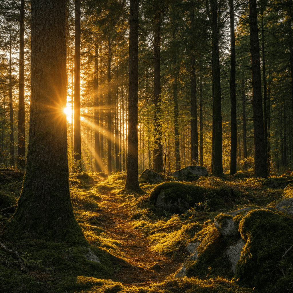 Sunlight breaking through tall pine trees in a quiet forest