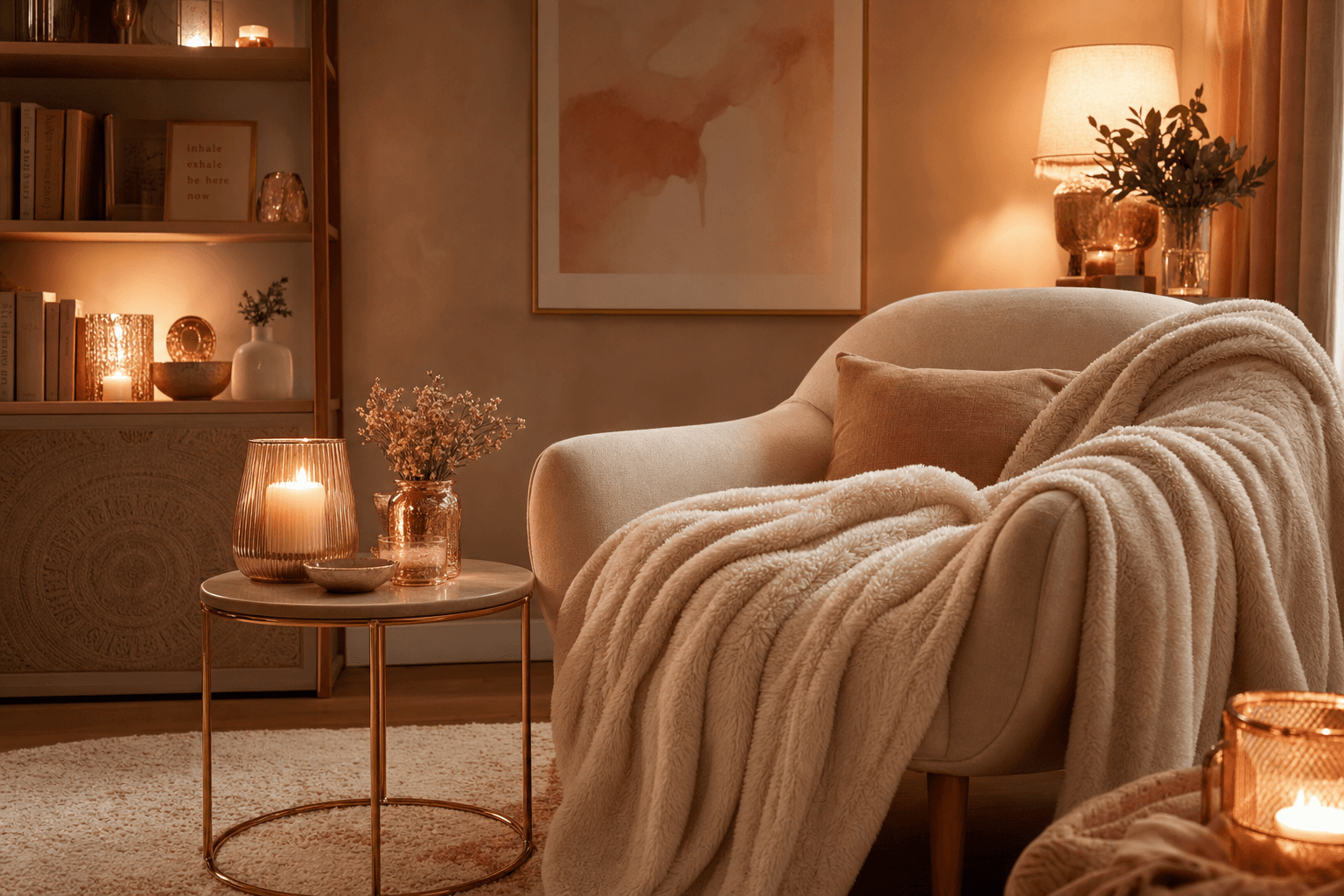 Cozy room with fuzzy blanket and comfortable seating to watch a podcast