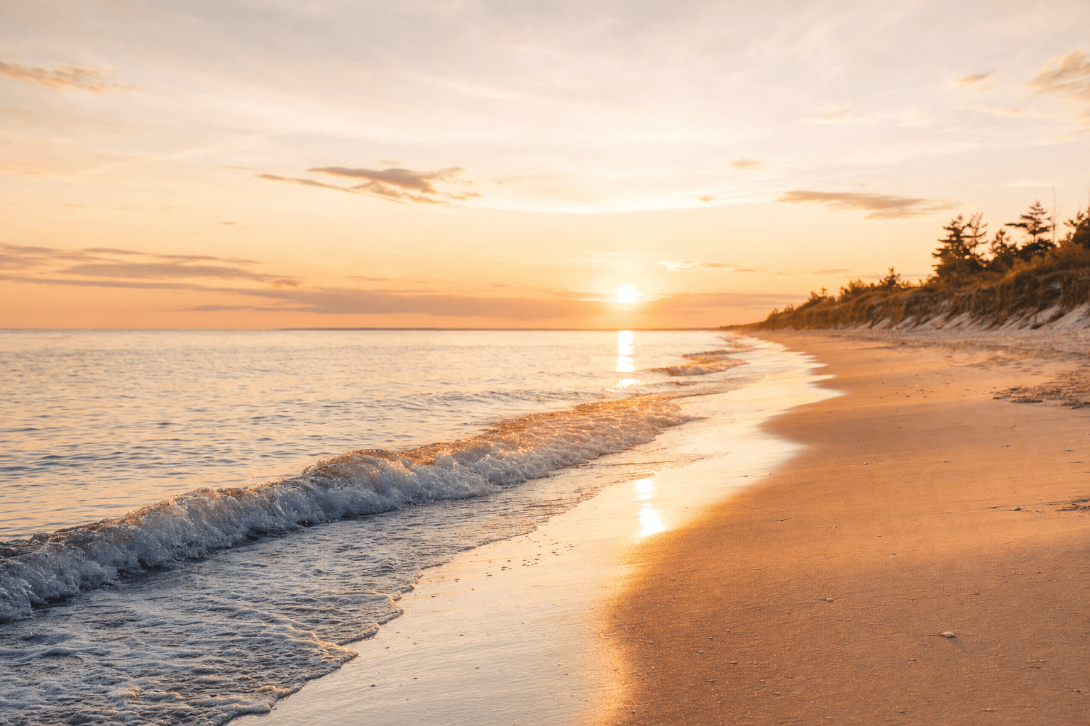 Peaceful beach at golden hour - warm coastal healing scene