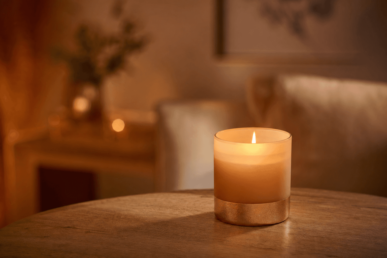 Glowing candle on wood - warm cozy interior for spiritual healing