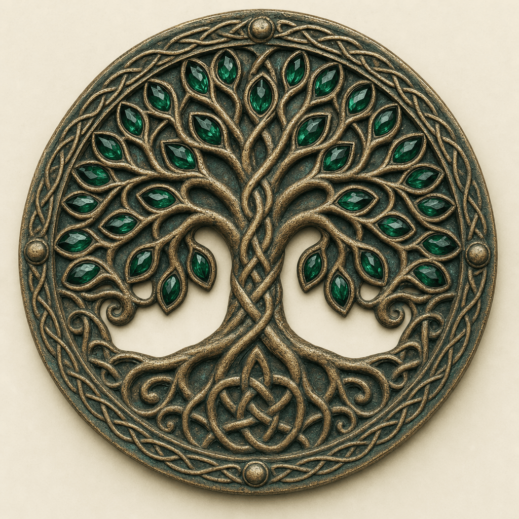 Ancient mystical Tree of Life talisman with dark emerald jewel leaves on a creamy white background