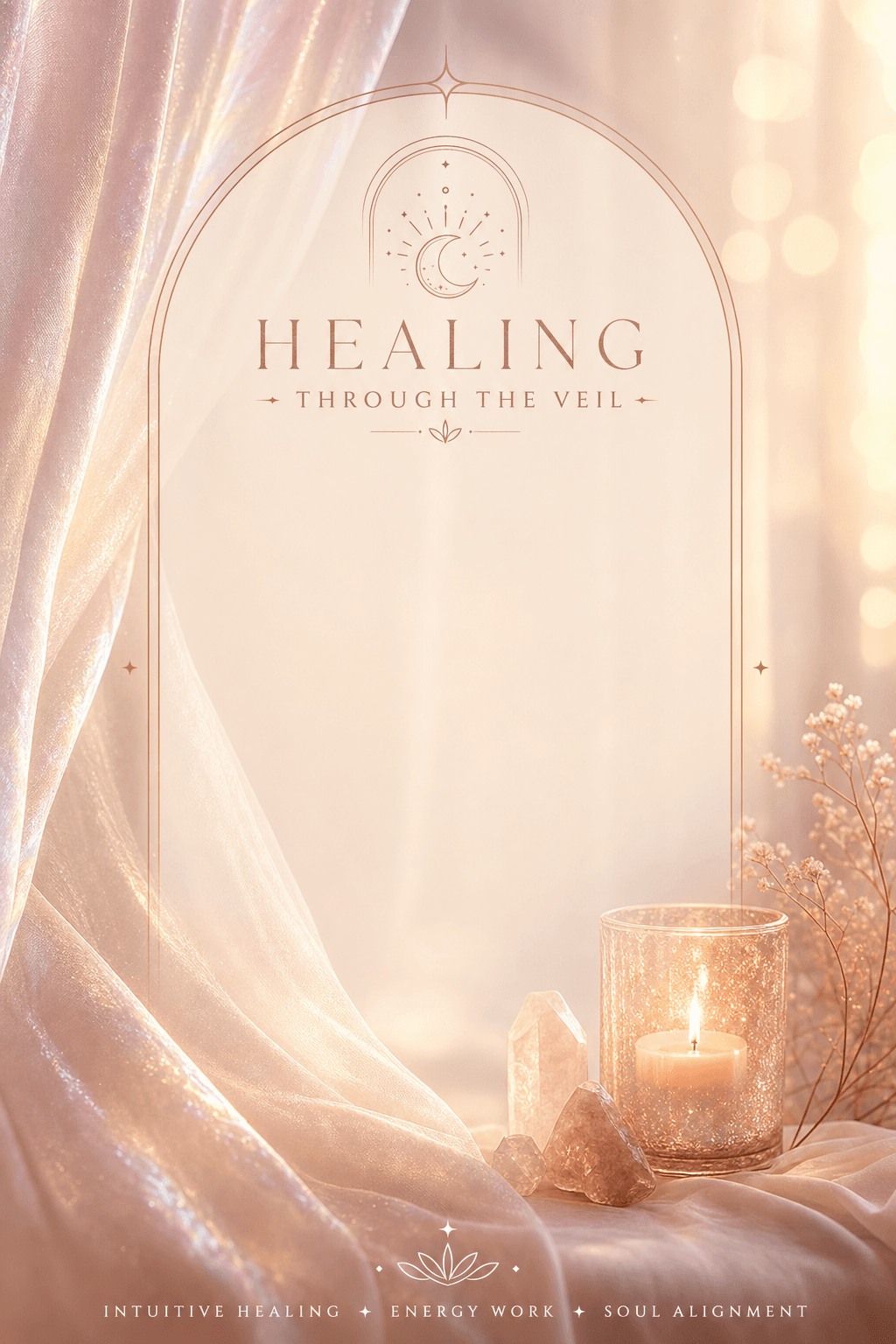Ethereal spiritual healing post for Healing Through The Veil - soft glowing light through a translucent veil with warm pearlescent tones