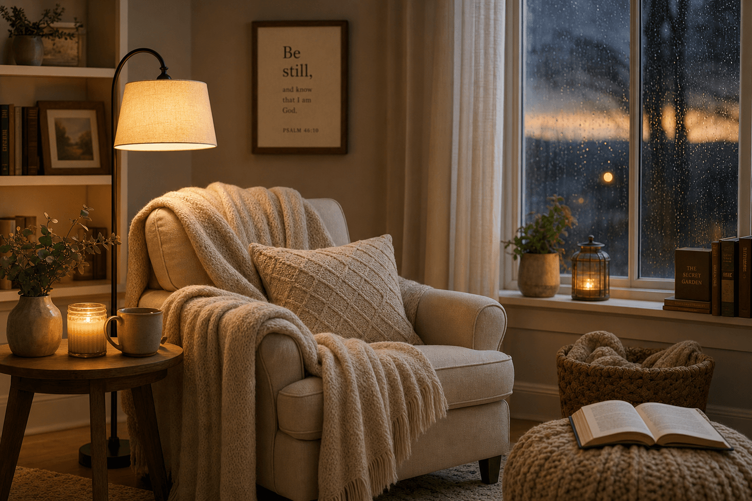 A serene indoor sanctuary with soft lighting and comfortable seating for healing work