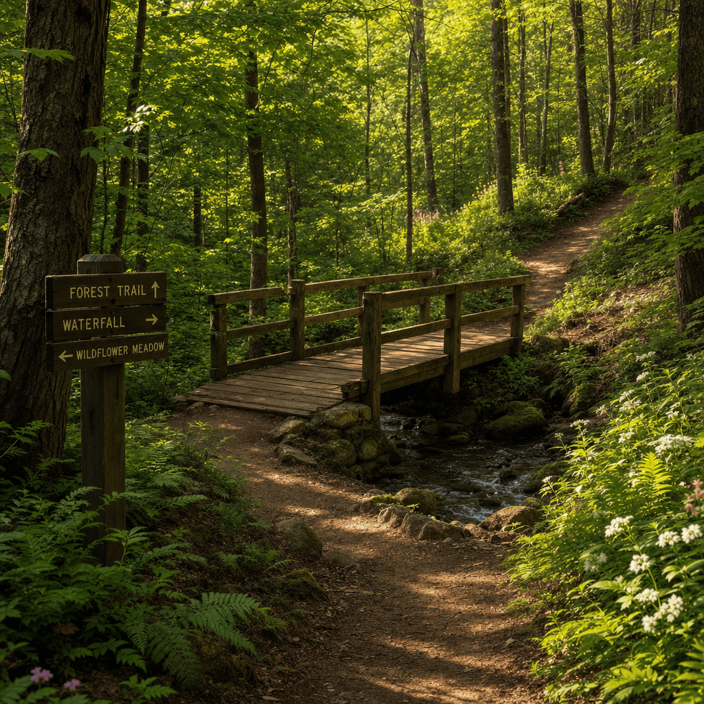 Winding forest trail with footbridge over a small brook