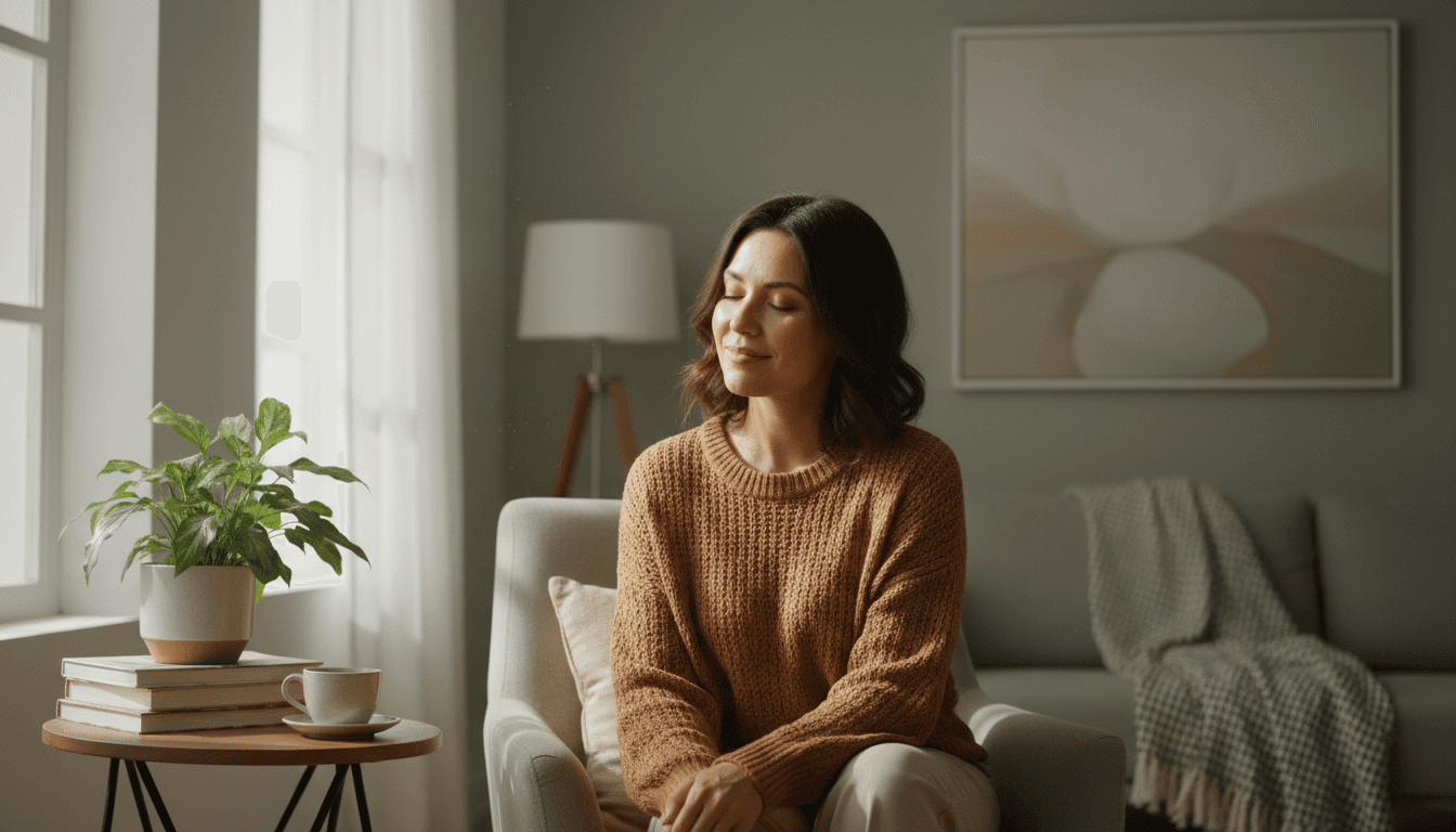 Woman in her mid 40s, South Asian, with a gentle warm expression in a calming space with soft natural lighting.
