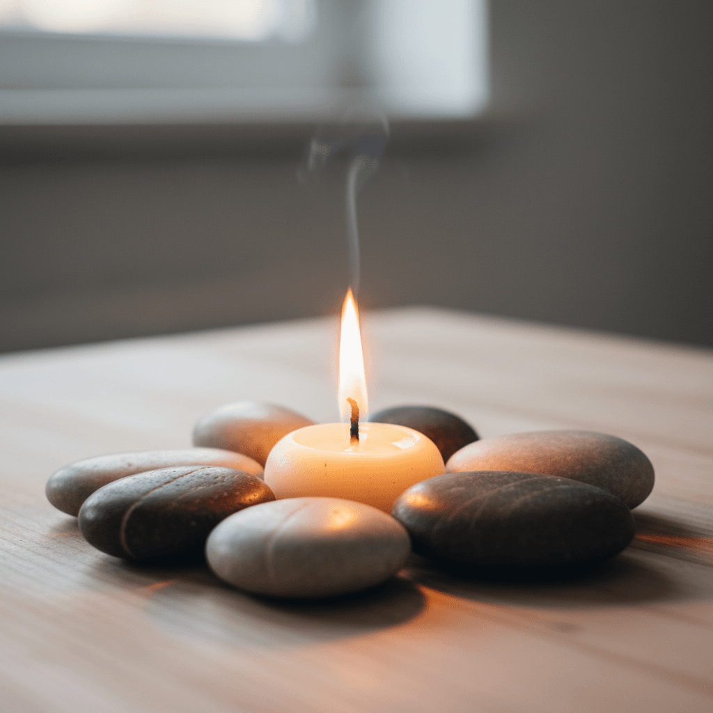 Candle flame and smooth stones