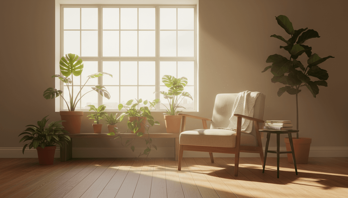 A calm, sunlit room with a comfortable chair and potted plants, creating a peaceful atmosphere for healing and connection