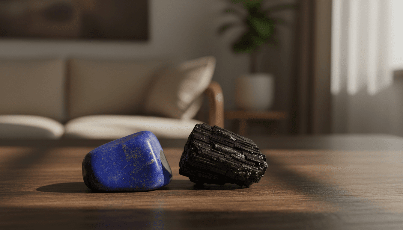 Lapis lazuli and black tourmaline crystals resting on a dark table, softly lit