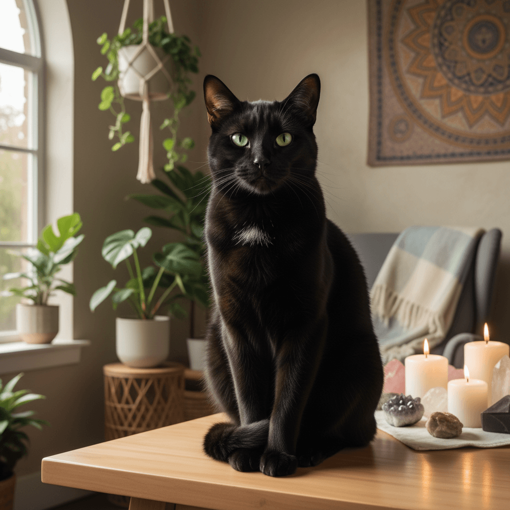 Black cat sitting on a wooden table in a serene, softly lit spiritual studio.