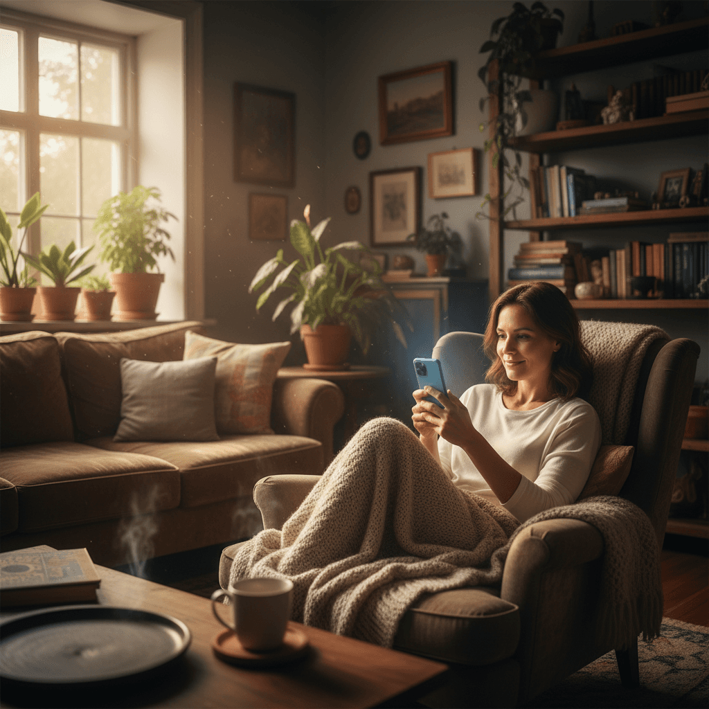 person reading a substack newsletter on phone at home