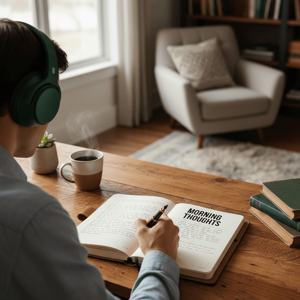 person listening to a podcast and writing in a journal