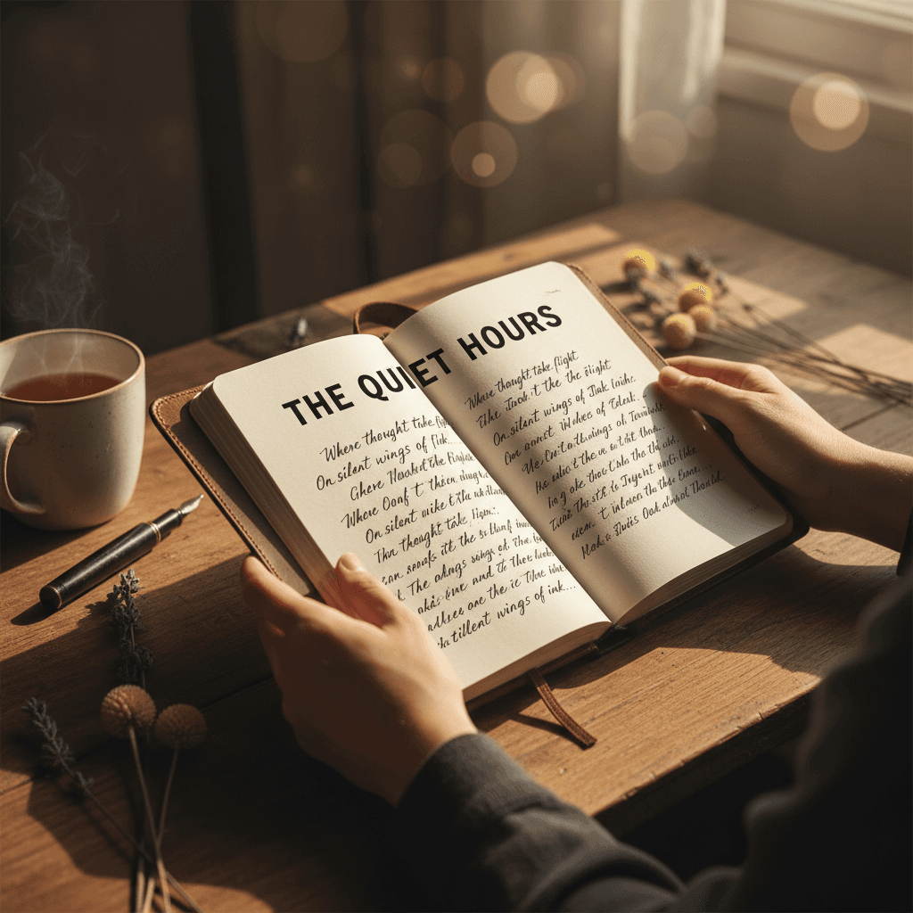 Hands holding open leather journal with handwritten pages in soft window light beside tea and pen